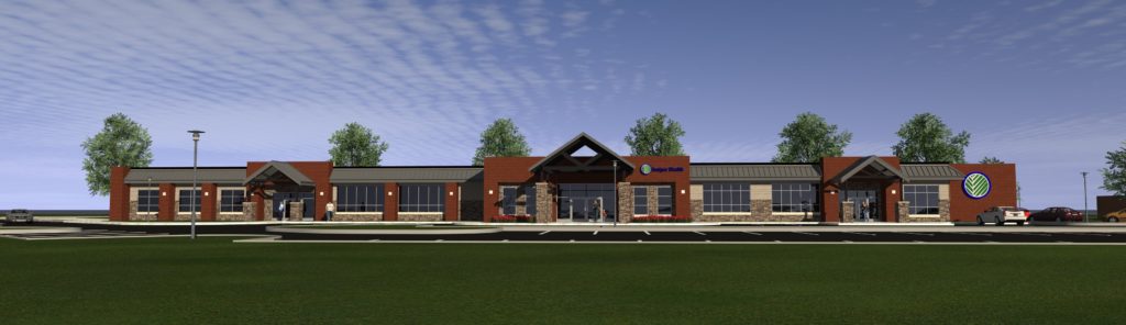 Color rendering of the Juniper Health Breathitt County clinic building exterior. Red brick, one-story, with multiple windows and entrances. Blue sky in the background, grassy area in the front. Some trees.